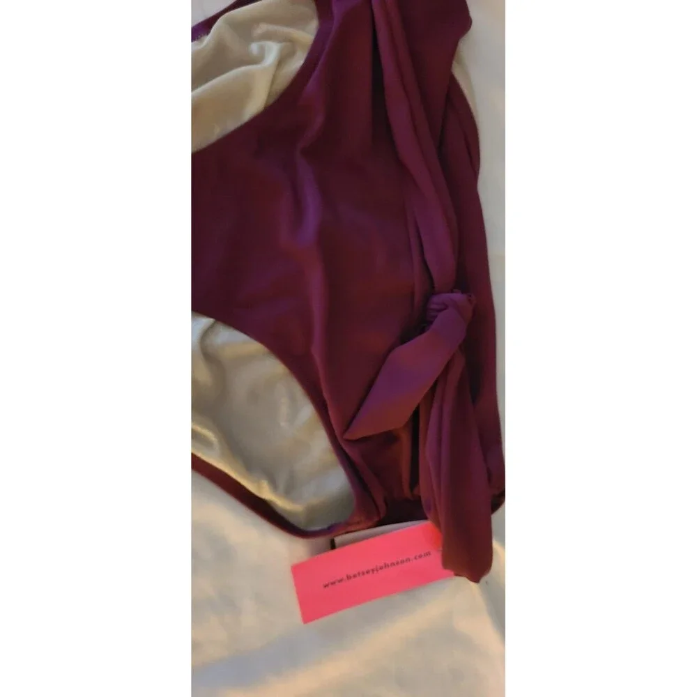 Betsey Johnson Swim Womens sash Trim Plum Hipster Bottom Size L nwt